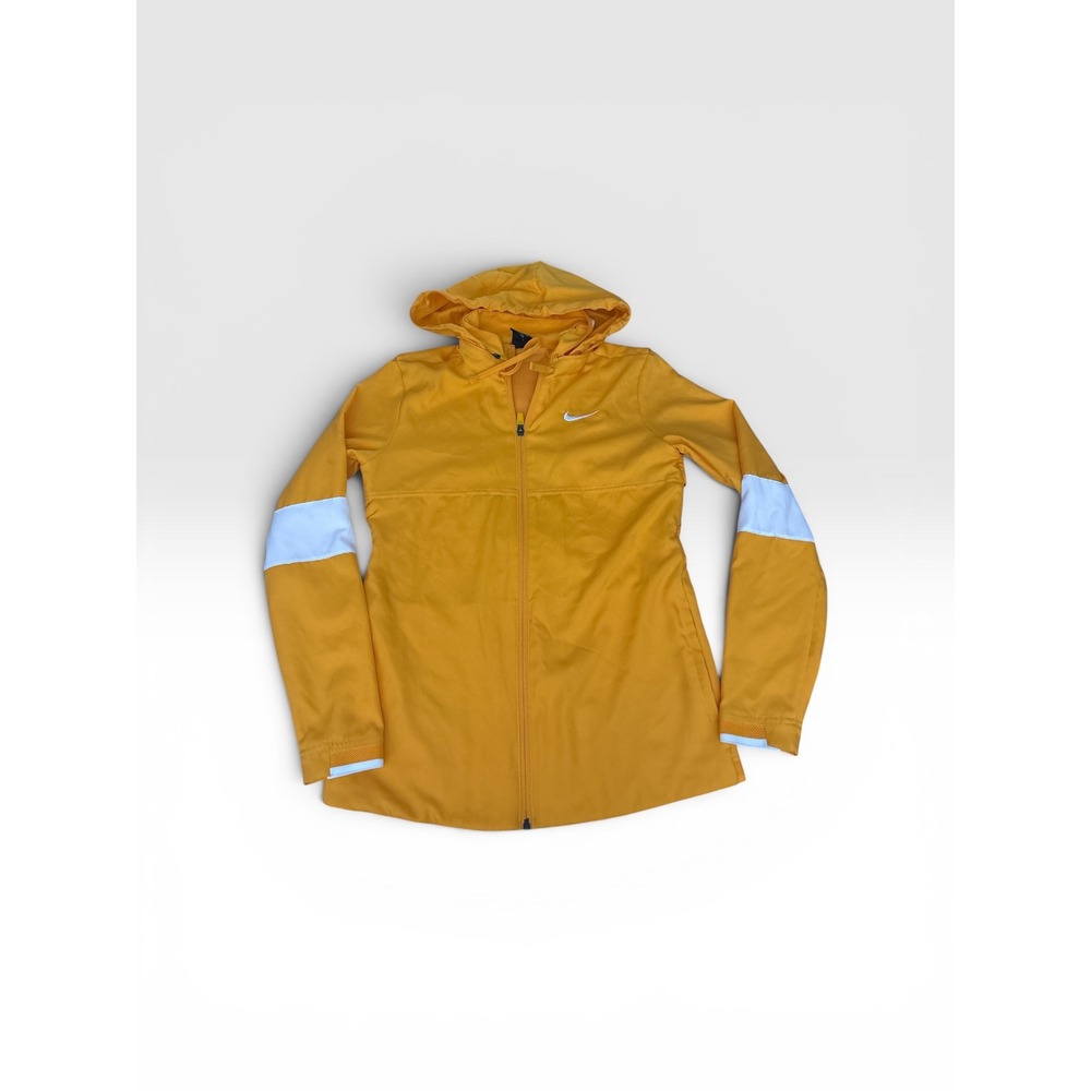 Nike Dri-FIT Womens Hooded Running Jacket Mustard Yellow White Zip Up Small
